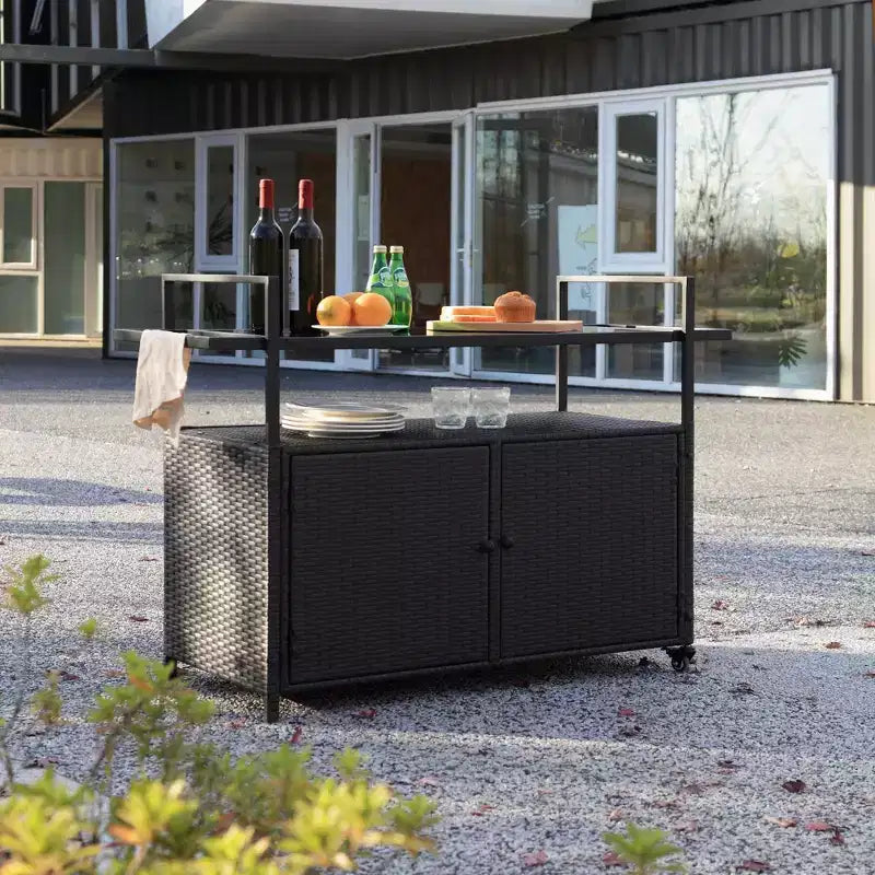 Bar Serving Cart Outdoor Wicker Wine and Beverage Counter with Glass Tabletop for Patio, Black, 51.18*19.69*35.43