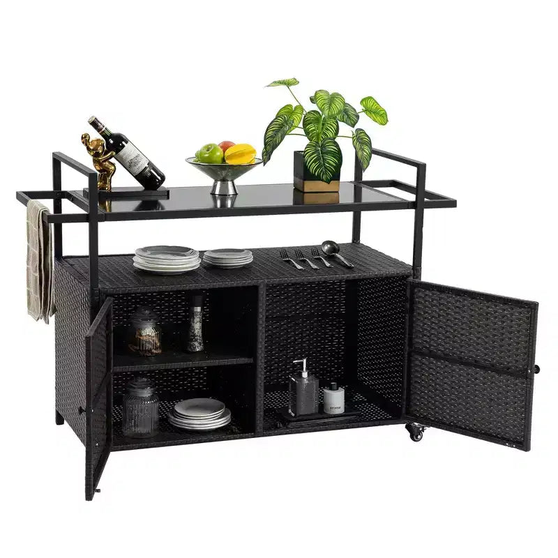 Bar Serving Cart Outdoor Wicker Wine and Beverage Counter with Glass Tabletop for Patio, Black, 51.18*19.69*35.43