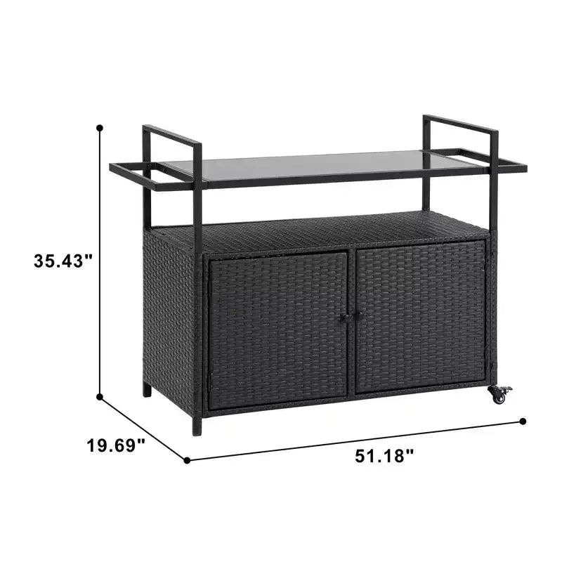 Bar Serving Cart Outdoor Wicker Wine and Beverage Counter with Glass Tabletop for Patio, Black, 51.18*19.69*35.43