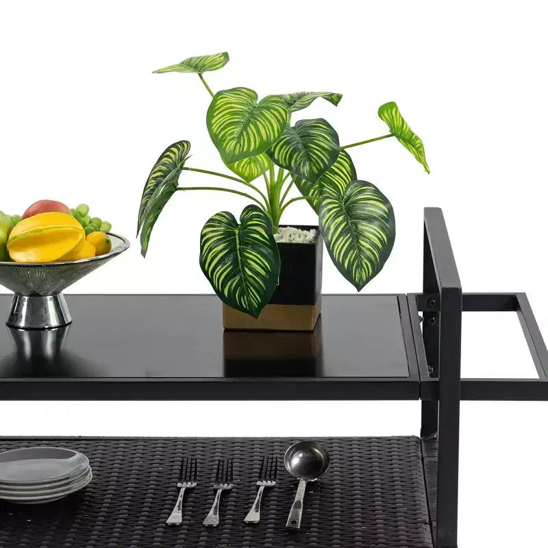 Bar Serving Cart Outdoor Wicker Wine and Beverage Counter with Glass Tabletop for Patio, Black, 51.18*19.69*35.43