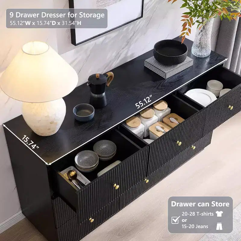 9 Drawer Fluted Dresser, 55IN Wide Wood Chest of Drawers with Deep Storage, Modern Storage Organizer for Bedroom, Living Room