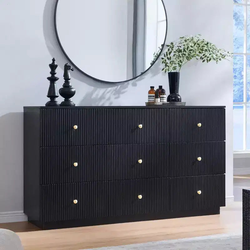 9 Drawer Fluted Dresser, 55IN Wide Wood Chest of Drawers with Deep Storage, Modern Storage Organizer for Bedroom, Living Room