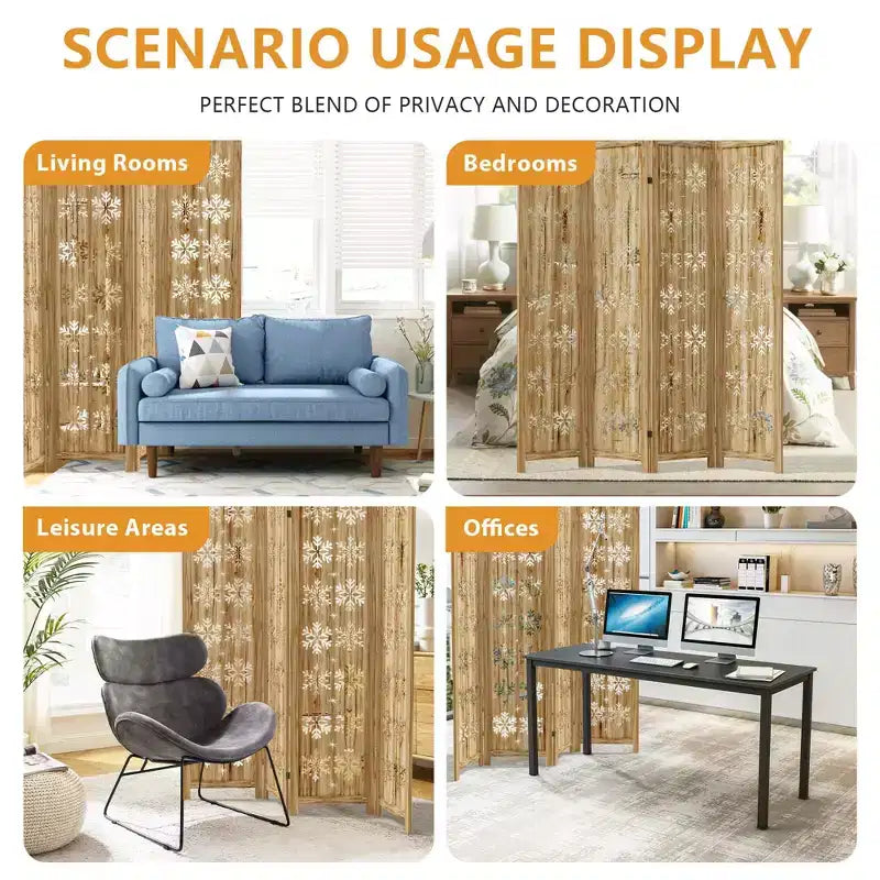63*67 in Wood Room Divider Folding Privacy Screen Freestanding Partition for Indoor, 4-Panels, Brown