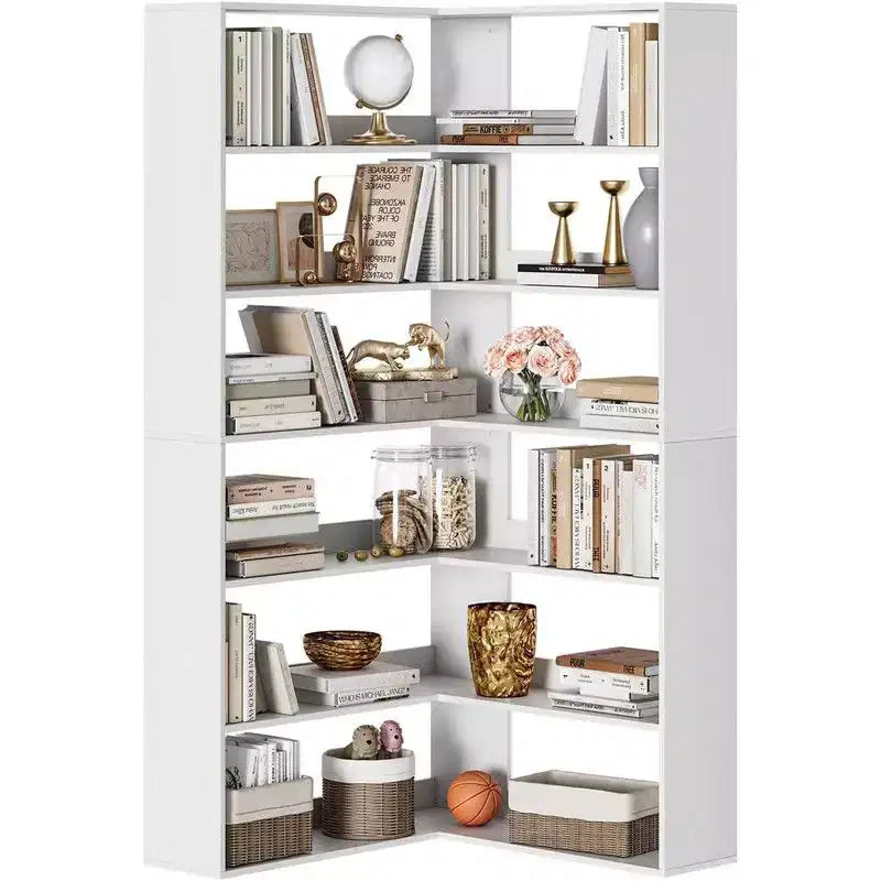 6 Tier Industrial Corner Bookshelf, L Shaped Bookcase with Baffles and Shelves, Large Storage Display Unit for Living Room, Home Office
