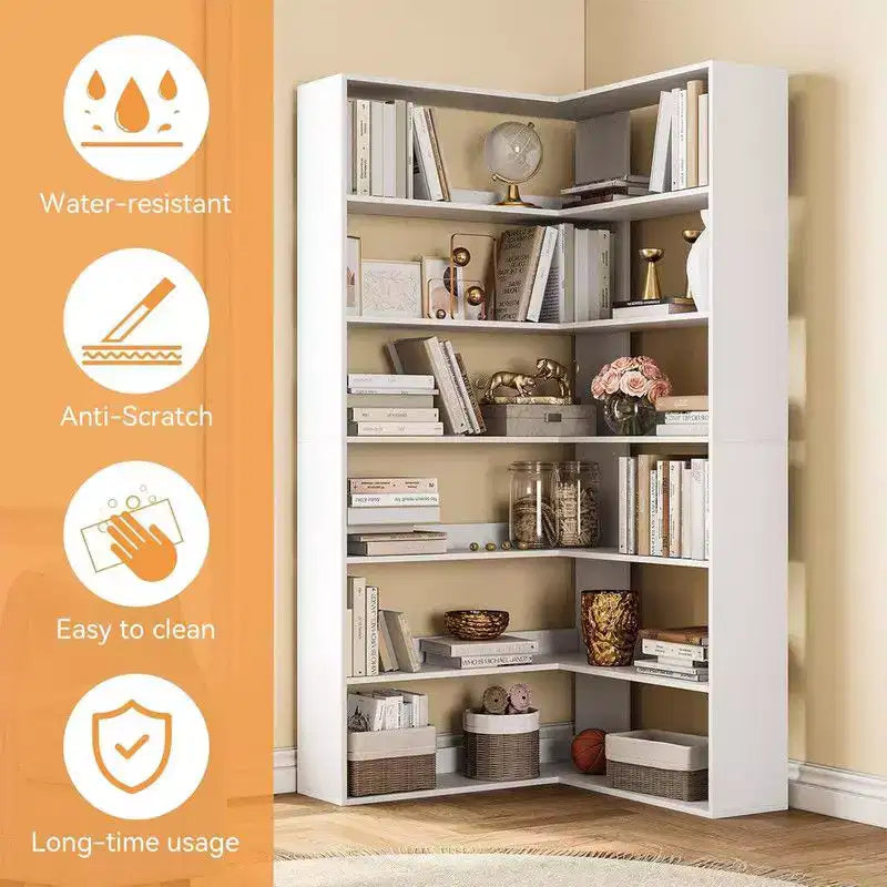 6 Tier Industrial Corner Bookshelf, L Shaped Bookcase with Baffles and Shelves, Large Storage Display Unit for Living Room, Home Office