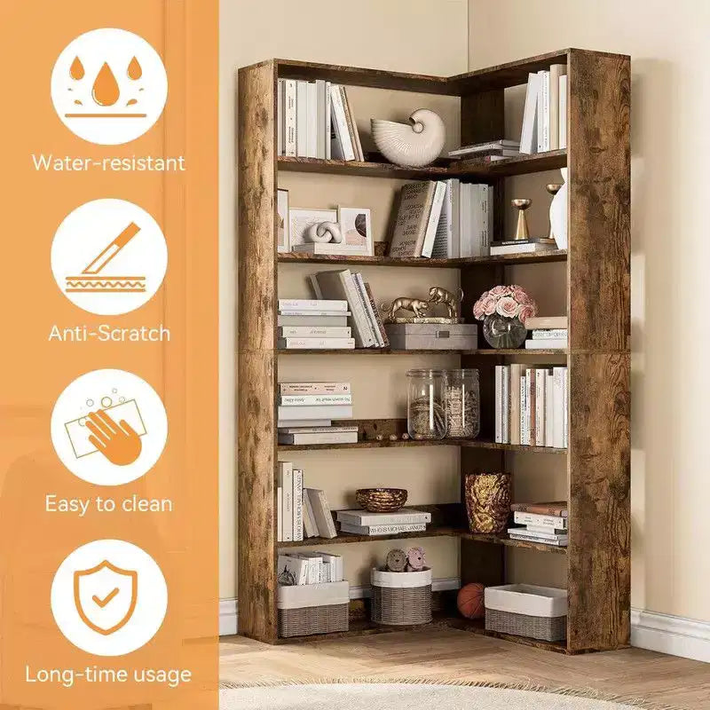 6 Tier Industrial Corner Bookshelf, L Shaped Bookcase with Baffles and Shelves, Large Storage Display Unit for Living Room, Home Office