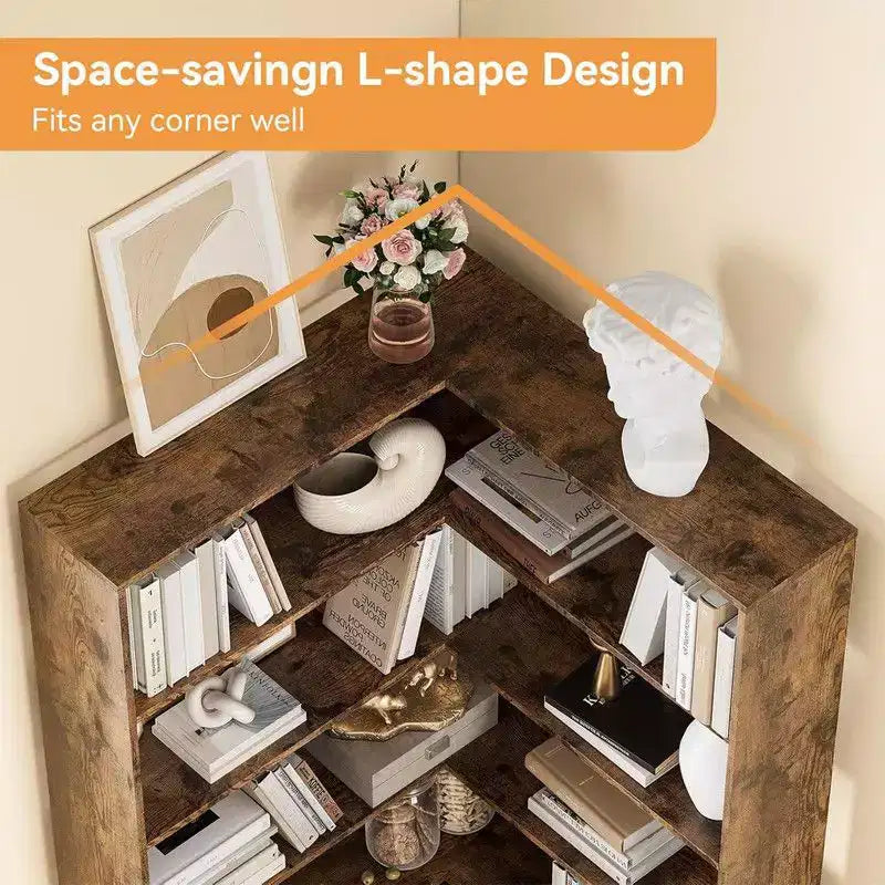 6 Tier Industrial Corner Bookshelf, L Shaped Bookcase with Baffles and Shelves, Large Storage Display Unit for Living Room, Home Office