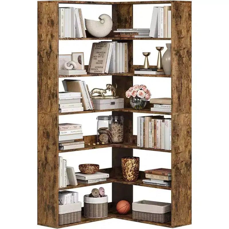 6 Tier Industrial Corner Bookshelf, L Shaped Bookcase with Baffles and Shelves, Large Storage Display Unit for Living Room, Home Office