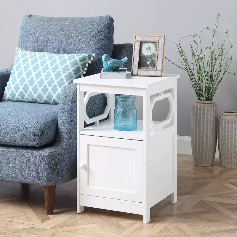 End Table with Cabinet and Open Shelf Storage, Stylish Octagon Design, Compact MDF Side Table for Living Room or Bedroom