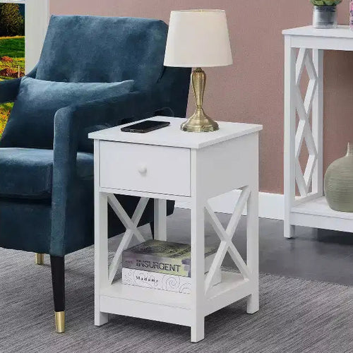HomeStock Belmont 1 Drawer End Table with Clean Lined Design, Two Tier Shelves and Pull Out Drawer, Compact Accent Table for Living Room