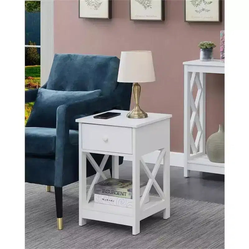 1 Drawer End Table with Clean Lined Design, Two Tier Shelves and Pull Out Drawer, Compact Accent Table for Living Room