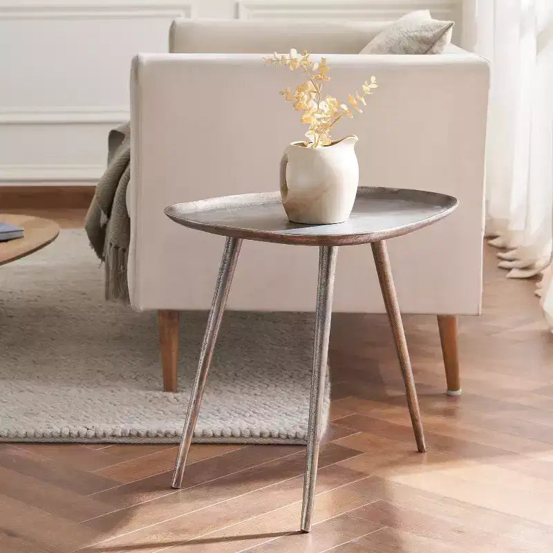 Metal End Table with Rounded Triangular Shape and Three Legs, Handcrafted Aluminum Side Table with Rustic Modern Finish