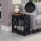Flip Top End Table with Charging Station and Shelf, Two Tone Finish, Modern Chairside Table with Hidden Storage and Display