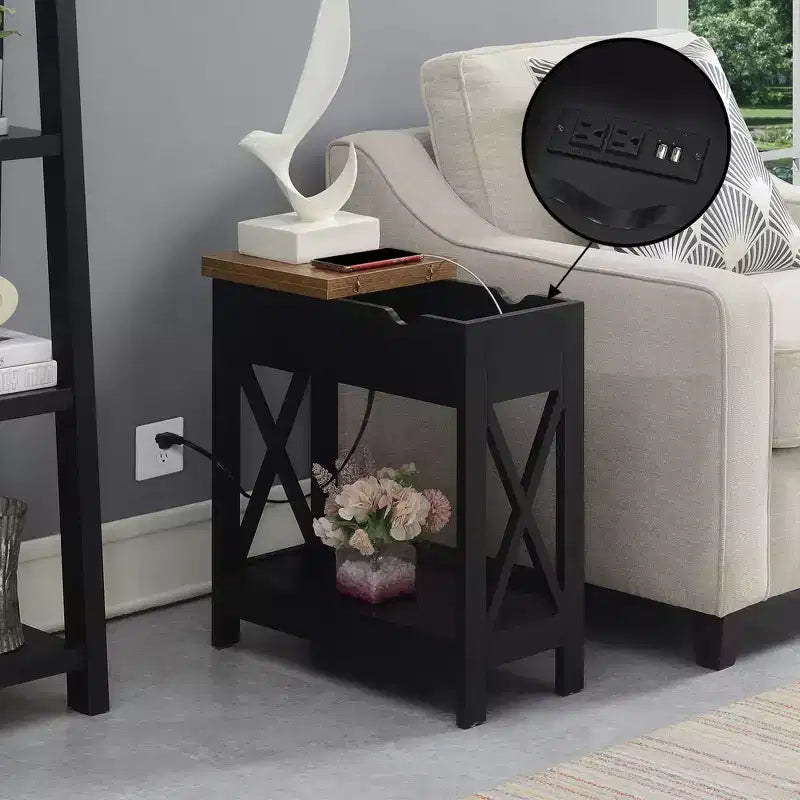 Flip Top End Table with Charging Station and Shelf, Two Tone Finish, Modern Chairside Table with Hidden Storage and Display