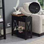 Flip Top End Table with Charging Station and Shelf, Two Tone Finish, Modern Chairside Table with Hidden Storage and Display