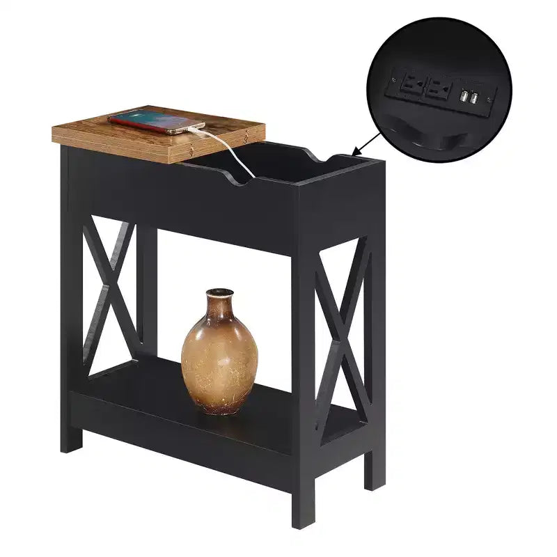 Flip Top End Table with Charging Station and Shelf, Two Tone Finish, Modern Chairside Table with Hidden Storage and Display