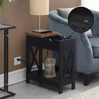 Flip Top End Table with Charging Station and Shelf, Two Tone Finish, Modern Chairside Table with Hidden Storage and Display