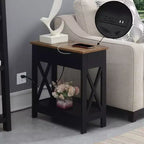 Flip Top End Table with Charging Station and Shelf, Two Tone Finish, Modern Chairside Table with Hidden Storage and Display