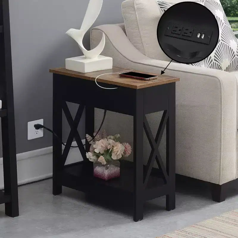 Flip Top End Table with Charging Station and Shelf, Two Tone Finish, Modern Chairside Table with Hidden Storage and Display