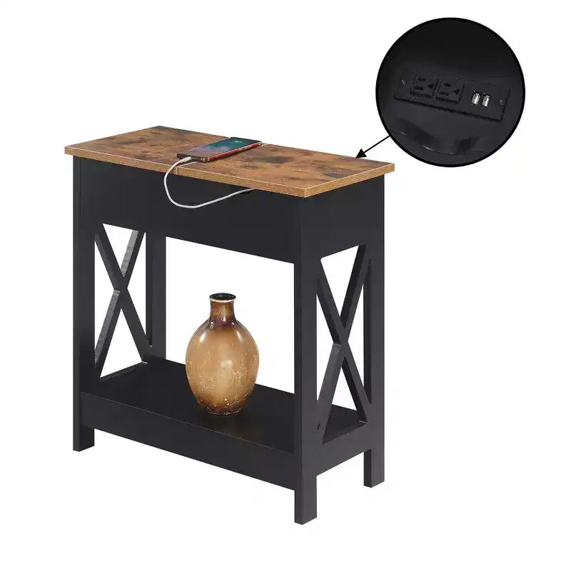 Flip Top End Table with Charging Station and Shelf, Two Tone Finish, Modern Chairside Table with Hidden Storage and Display