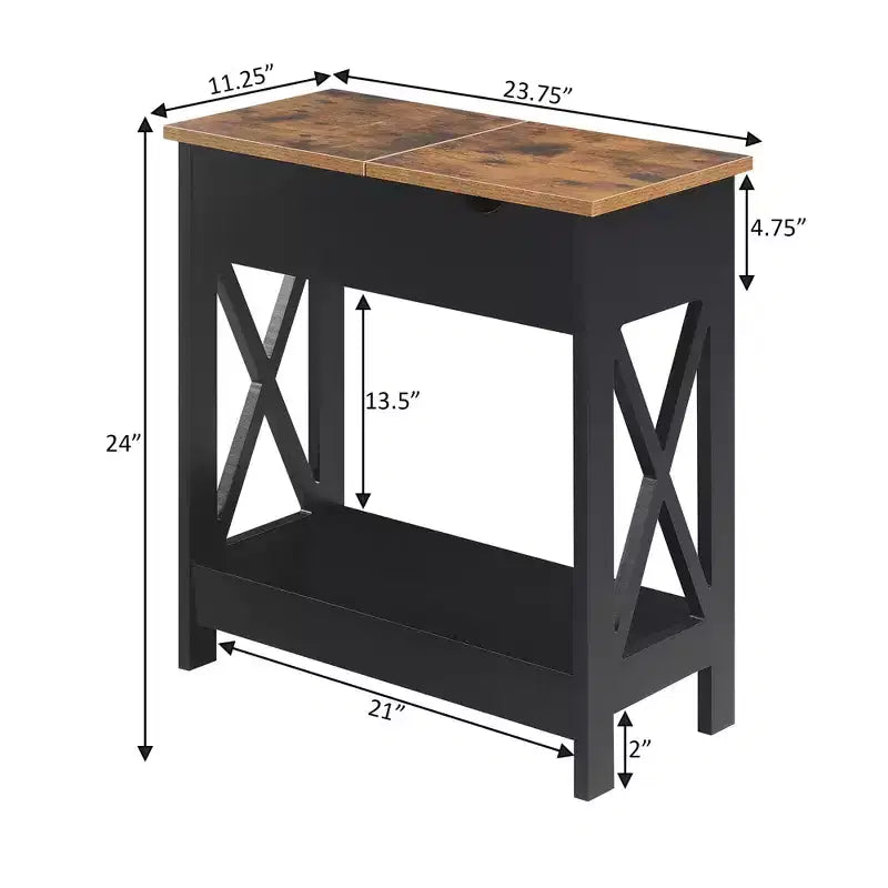 Flip Top End Table with Charging Station and Shelf, Two Tone Finish, Modern Chairside Table with Hidden Storage and Display