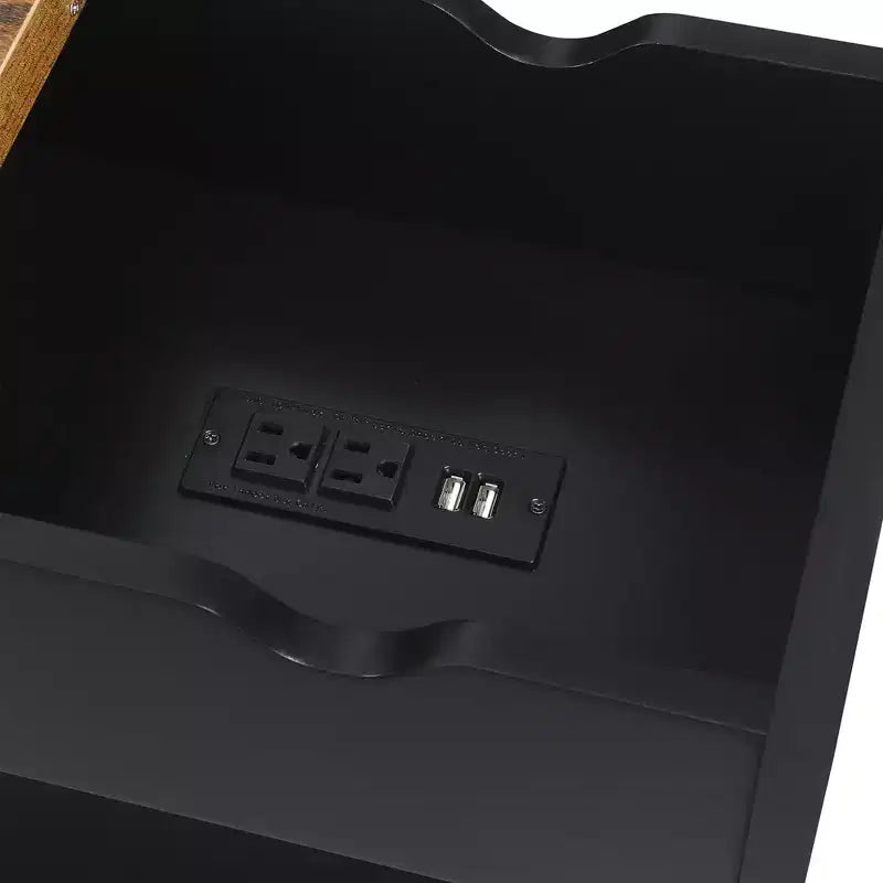 Flip Top End Table with Charging Station and Shelf, Two Tone Finish, Modern Chairside Table with Hidden Storage and Display