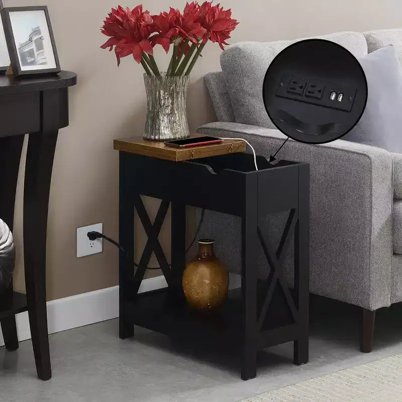 Flip Top End Table with Charging Station and Shelf, Two Tone Finish, Modern Chairside Table with Hidden Storage and Display