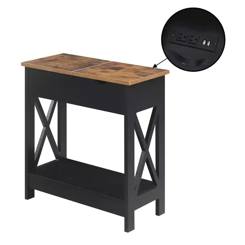 Flip Top End Table with Charging Station and Shelf, Two Tone Finish, Modern Chairside Table with Hidden Storage and Display