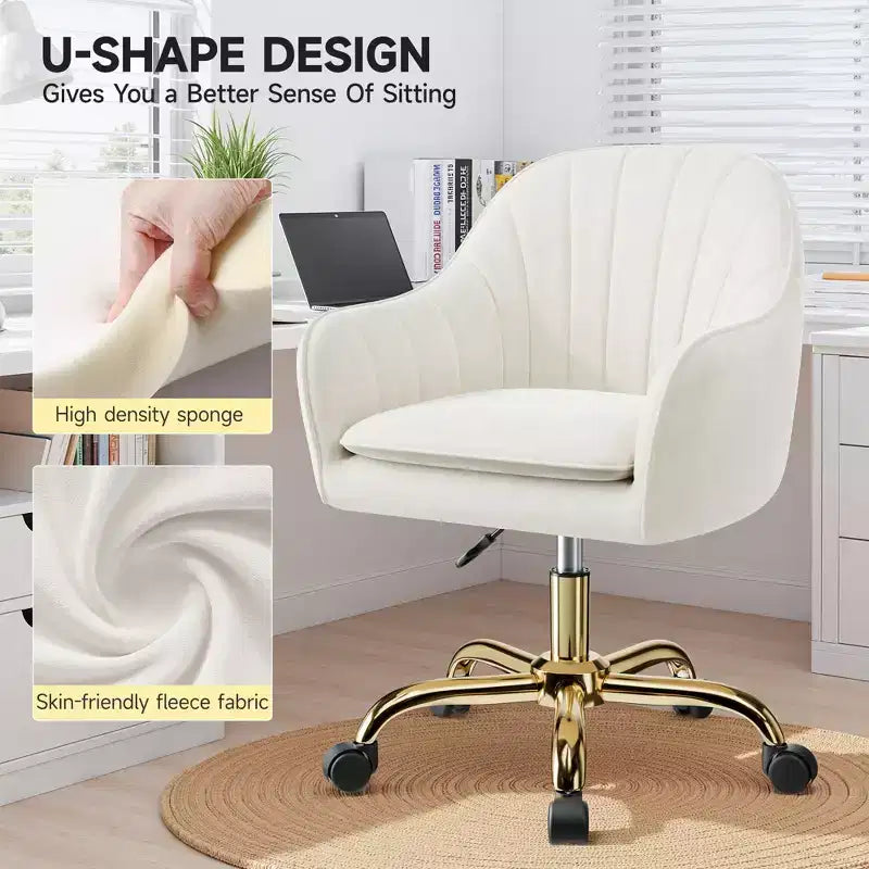 Velvet Desk Chair for Home Office, Soft Height Adjustable 360 Swivel Computer Chair, Beige