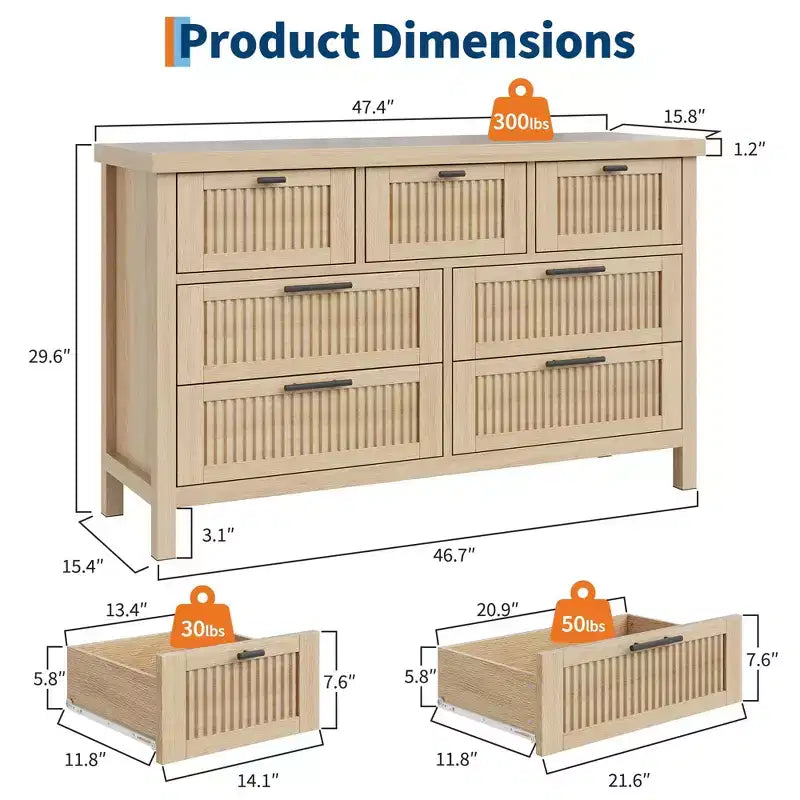 Fluted 7 Drawer Dresser, 45'' Tall Dresser, 7 Chest of Drawers, Wooden Chest with Clothes Storage, Storage Cabinet for Living Room Bedroom