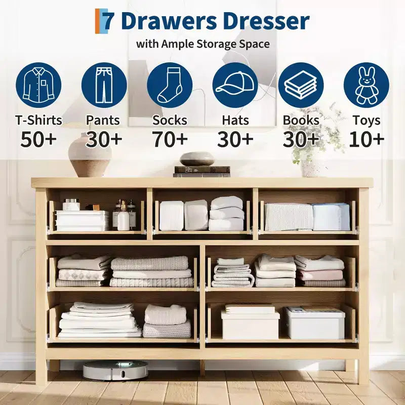 Fluted 7 Drawer Dresser, 45'' Tall Dresser, 7 Chest of Drawers, Wooden Chest with Clothes Storage, Storage Cabinet for Living Room Bedroom
