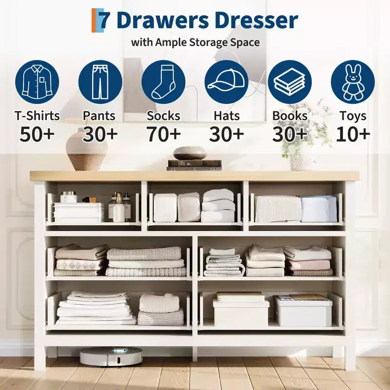 Fluted 7 Drawer Dresser, 45'' Tall Dresser, 7 Chest of Drawers, Wooden Chest with Clothes Storage, Storage Cabinet for Living Room Bedroom