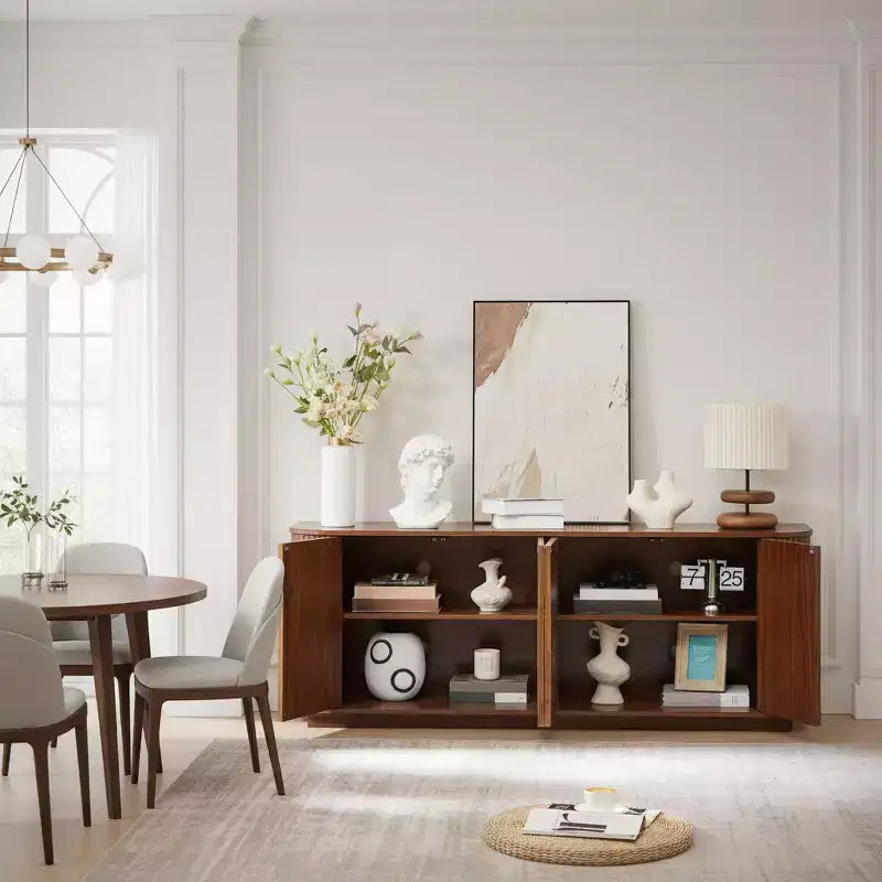 Modern Fluted 4 Door Sideboard Buffet Cabinet with Adjustable Shelves, Walnut