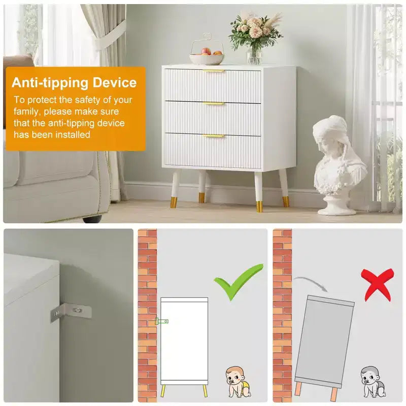 3-Drawer Fluted Dresser, Modern Bedroom Storage Chest with Wood Frame, Compact Dresser Nightstand for Bedroom Living Room