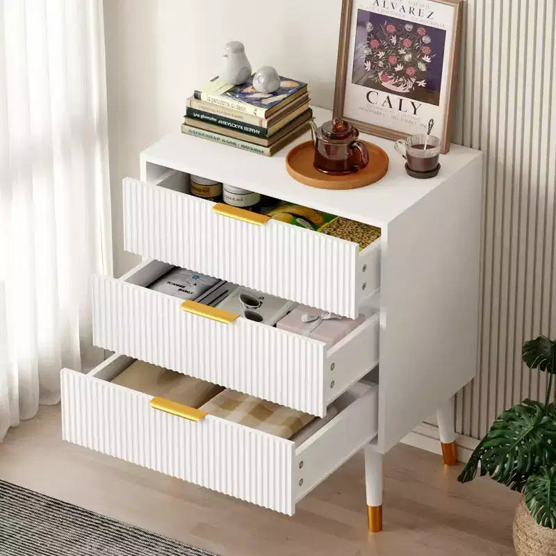 3-Drawer Fluted Dresser, Modern Bedroom Storage Chest with Wood Frame, Compact Dresser Nightstand for Bedroom Living Room