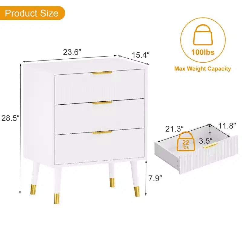 3-Drawer Fluted Dresser, Modern Bedroom Storage Chest with Wood Frame, Compact Dresser Nightstand for Bedroom Living Room