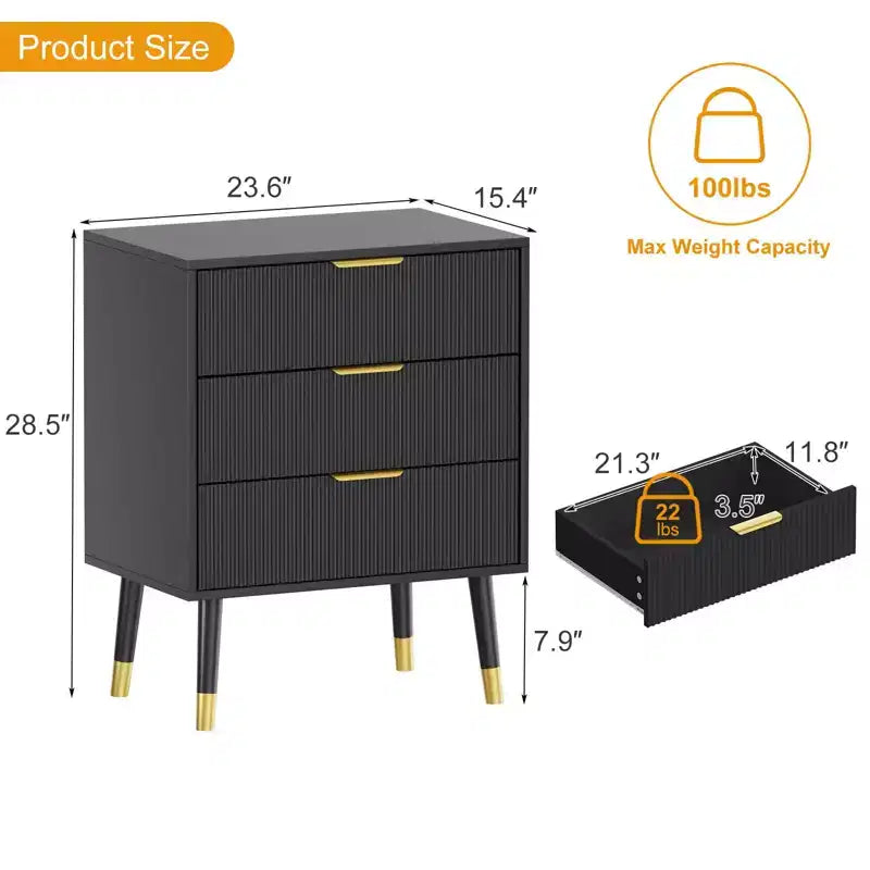 3-Drawer Fluted Dresser, Modern Bedroom Storage Chest with Wood Frame, Compact Dresser Nightstand for Bedroom Living Room