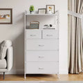 5 Drawer Dresser, Tall Dresser for Bedroom, Storage Organizer with Fabric Bins, Wood Top, Sturdy Steel Frame, Easy Pull Handle, Hallway, White