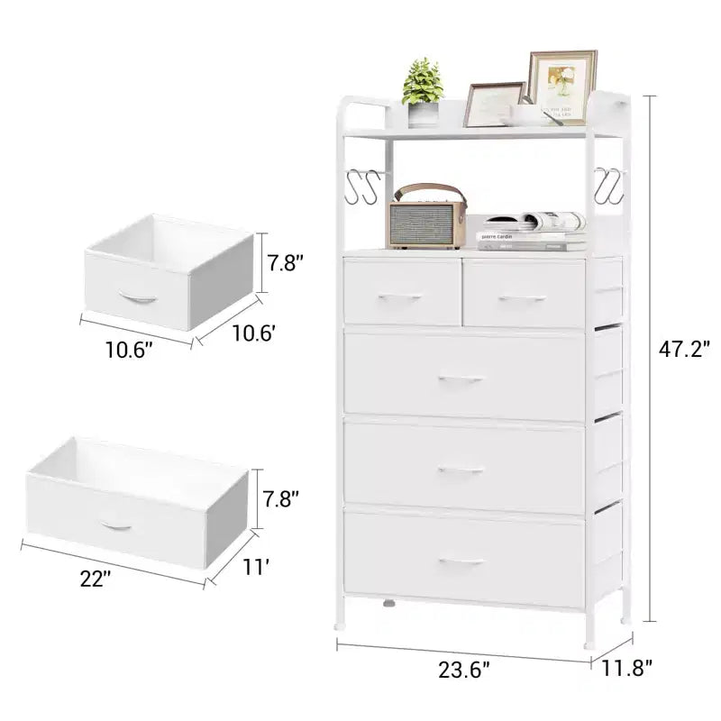 5 Drawer Dresser, Tall Dresser for Bedroom, Storage Organizer with Fabric Bins, Wood Top, Sturdy Steel Frame, Easy Pull Handle, Hallway, White