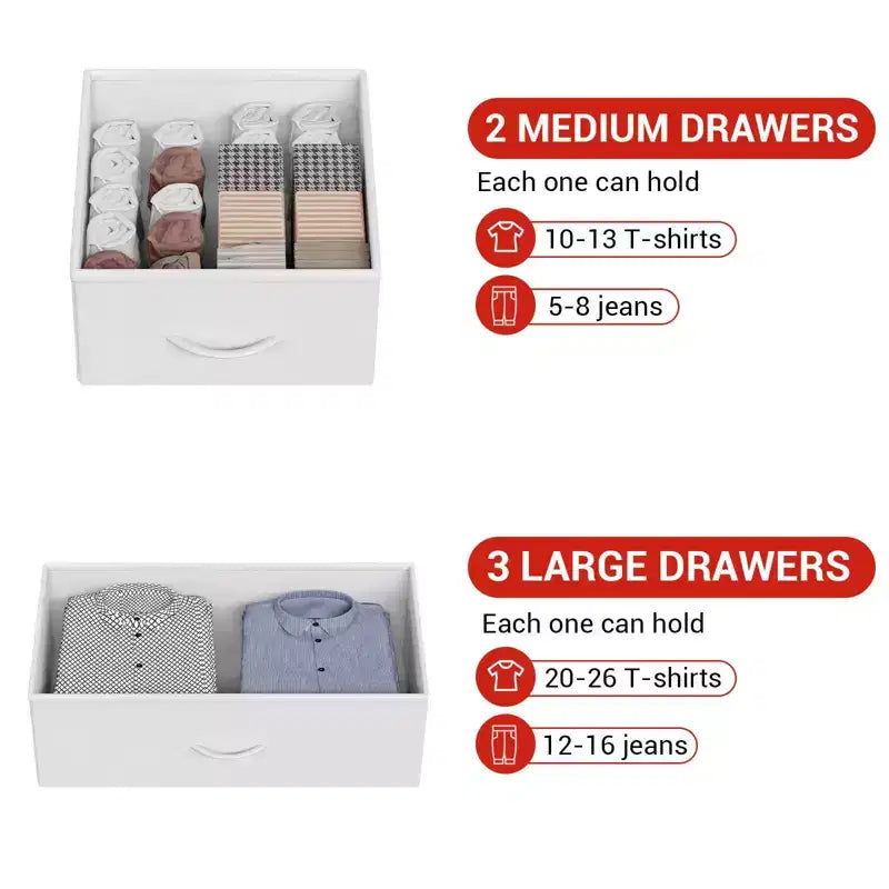 5 Drawer Dresser, Tall Dresser for Bedroom, Storage Organizer with Fabric Bins, Wood Top, Sturdy Steel Frame, Easy Pull Handle, Hallway, White