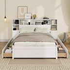 Twin Size Wooden Storage Bed with Tall Bookcase Headboard and Drawers