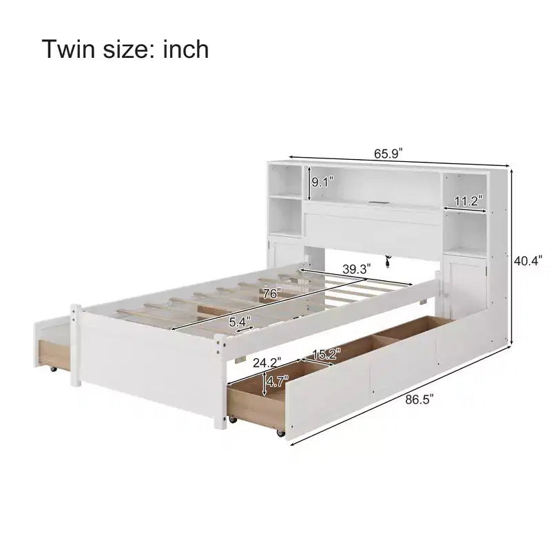 Twin Size Wooden Storage Bed with Tall Bookcase Headboard and Drawers