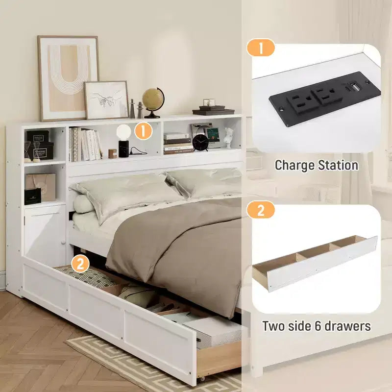 Twin Size Wooden Storage Bed with Tall Bookcase Headboard and Drawers