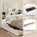 Twin Size Wooden Storage Bed with Tall Bookcase Headboard and Drawers