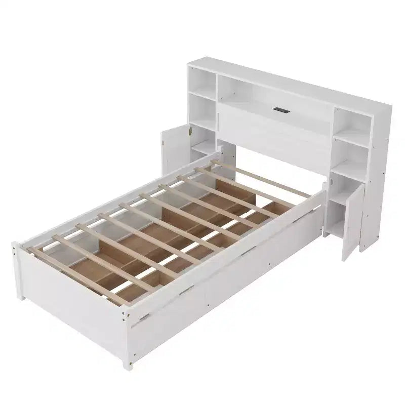 Twin Size Wooden Storage Bed with Tall Bookcase Headboard and Drawers