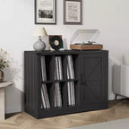 Record Player Stand with Vinyl Storage, Farmhouse Turntable Cabinet with Door, Vinyl Display Holder Shelves, Wooden Storage for Living Room, Black