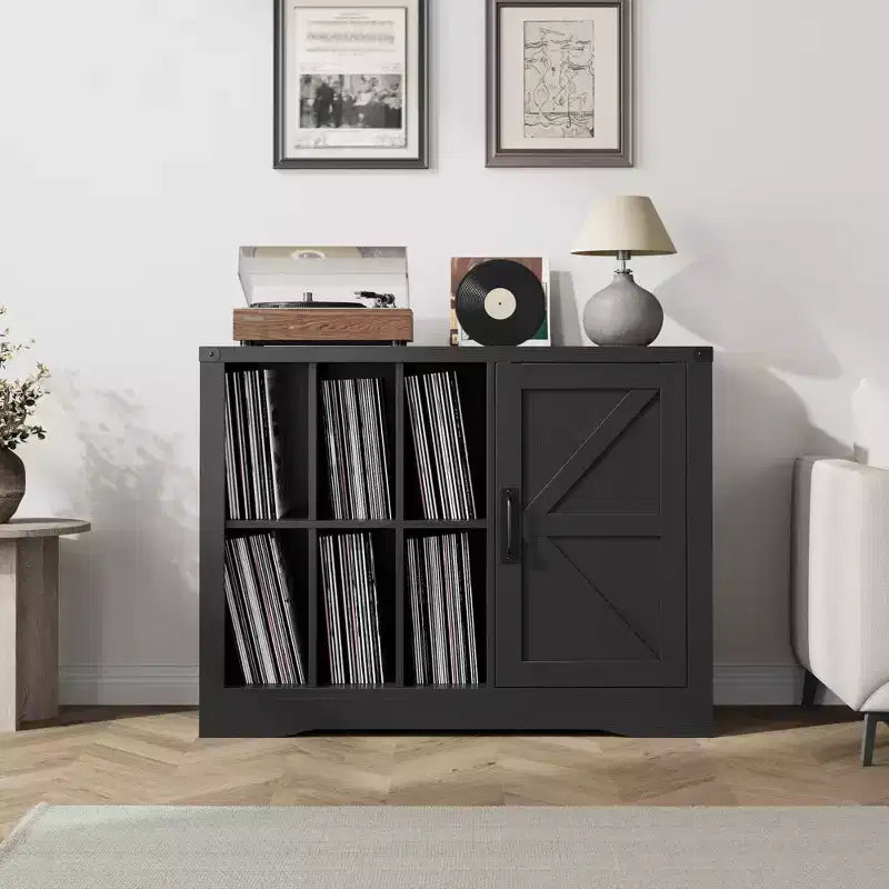 Record Player Stand with Vinyl Storage, Farmhouse Turntable Cabinet with Door, Vinyl Display Holder Shelves, Wooden Storage for Living Room, Black