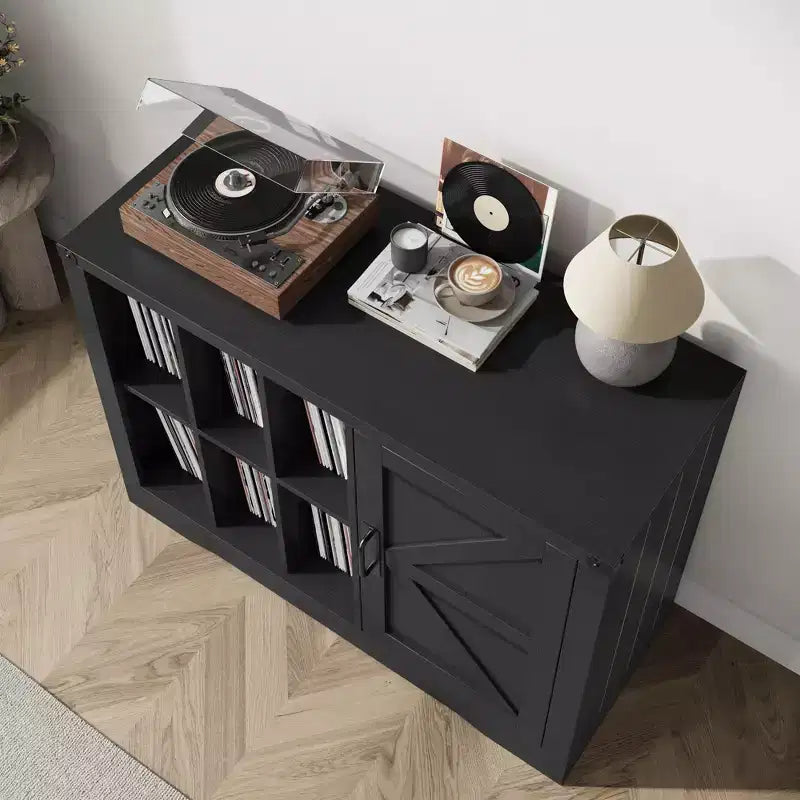 Record Player Stand with Vinyl Storage, Farmhouse Turntable Cabinet with Door, Vinyl Display Holder Shelves, Wooden Storage for Living Room, Black