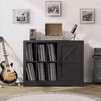 Record Player Stand with Vinyl Storage, Farmhouse Turntable Cabinet with Door, Vinyl Display Holder Shelves, Wooden Storage for Living Room, Black