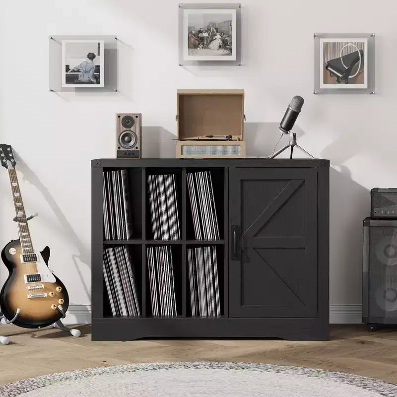 Record Player Stand with Vinyl Storage, Farmhouse Turntable Cabinet with Door, Vinyl Display Holder Shelves, Wooden Storage for Living Room, Black